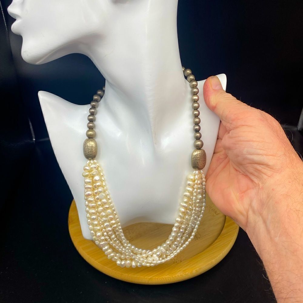 Ladies 925 22” 6 strand of varying sized freshwater pearls w/lobster claw clasp